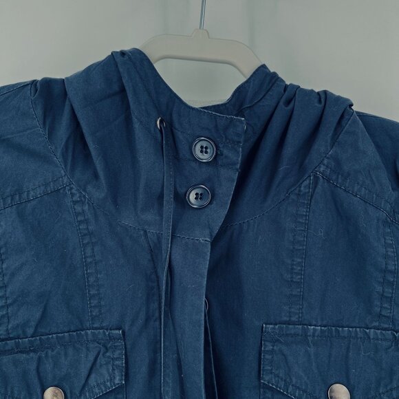 Forever 21 Ladies Military Jacket Hooded  Size M Blue Drawstring Waist Pockets - Picture 3 of 14